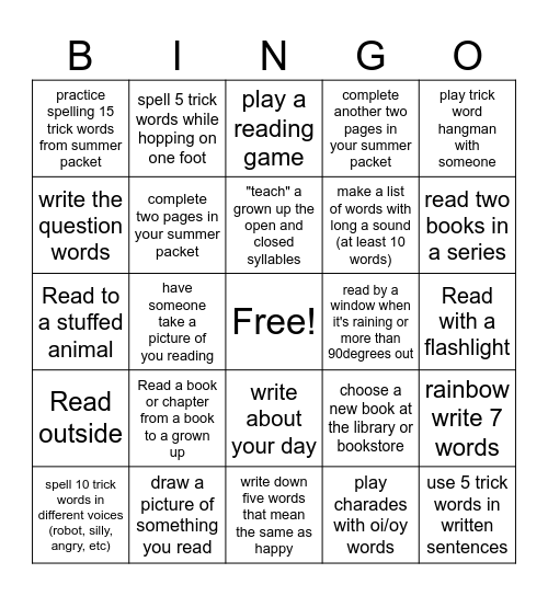Eliza's Summer Reading Challenge!! Bingo Card