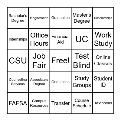 College Bingo Card