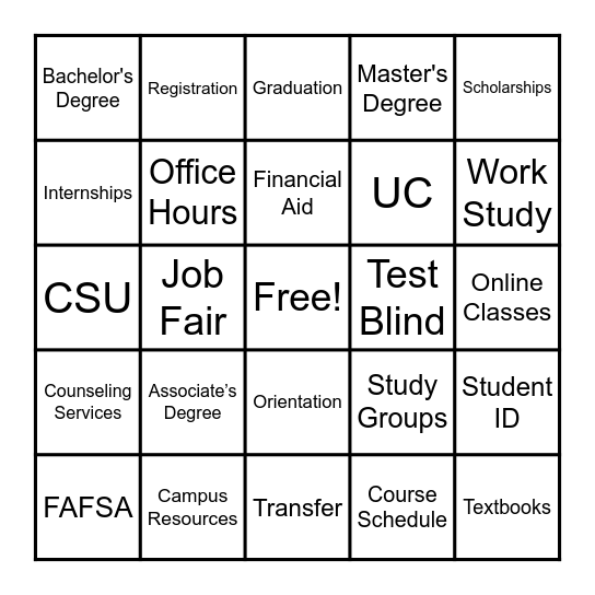 College Bingo Card