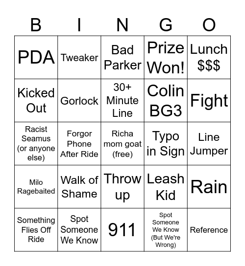 Canada Wonderland Bingo Card