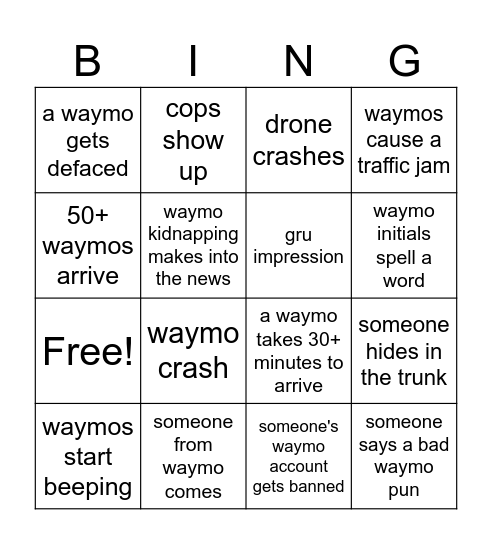 waymo kidnapping BING Bingo Card