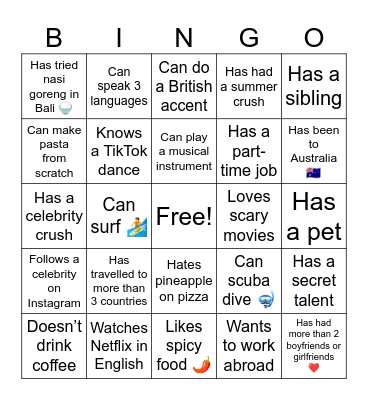 Bali English Summer Camp 2025 Bingo Card