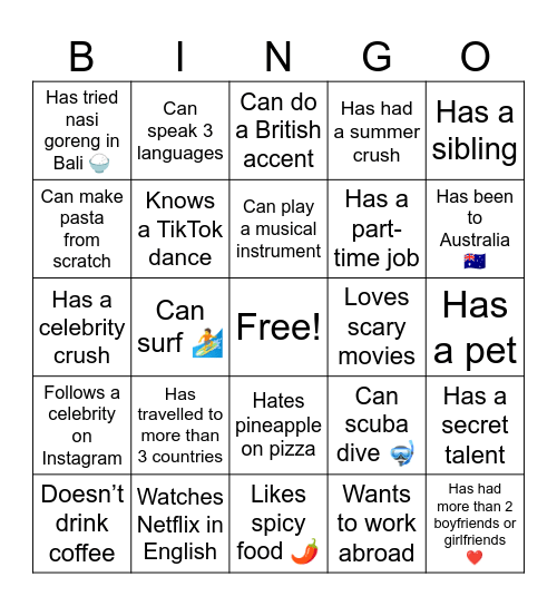 Bali English Summer Camp 2025 Bingo Card