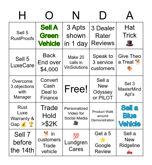 Honda Bingo Card