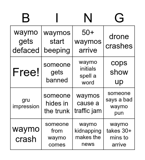 waymo kidnapping BING Bingo Card
