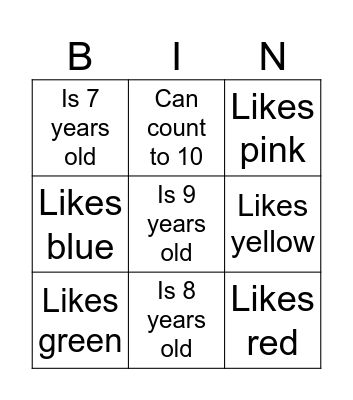 Find someone who (color & age) Bingo Card