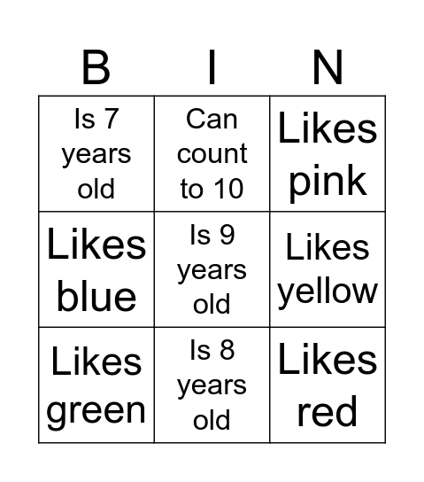 Find someone who (color & age) Bingo Card