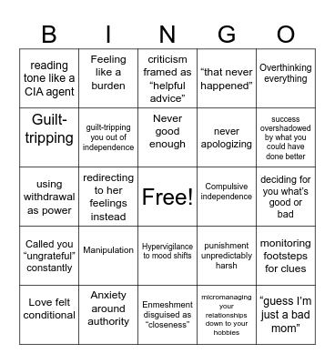 Mommy issues Bingo Card
