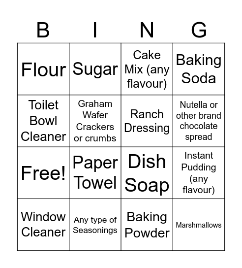 Grocery Bingo Card