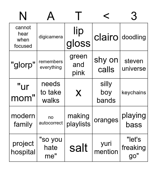 signs that you are talking to The nat Bingo Card
