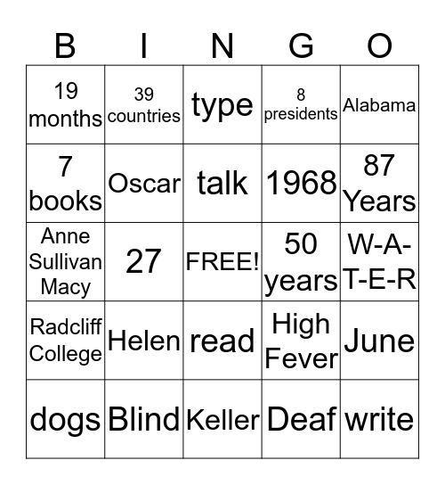 Helen Keller Bingo Card