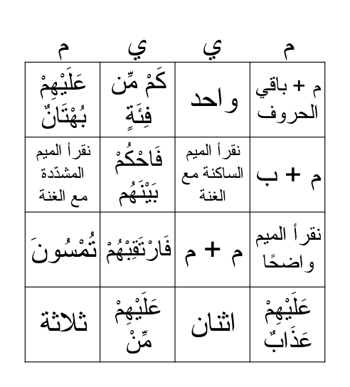 أحكام الميم الساكنة Bingo Card