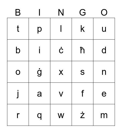 L-alfabett Bingo Card