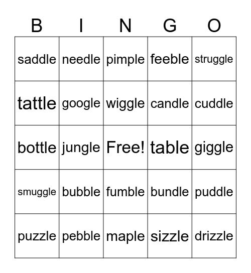 Consonant-le Bingo Card