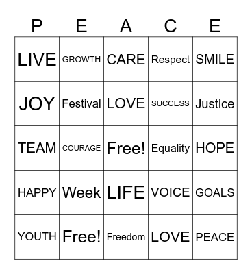 PEACE Bingo Card