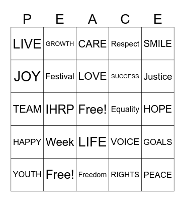 PEACE Bingo Card