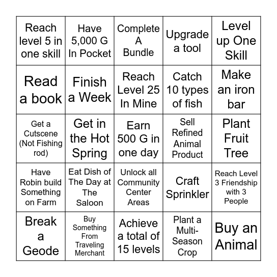 Stardew Valley Lockout Bingo Card