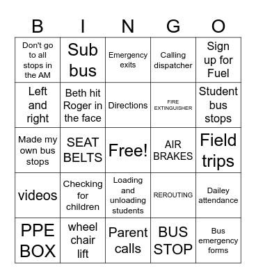 Bus Driver Bingo Card