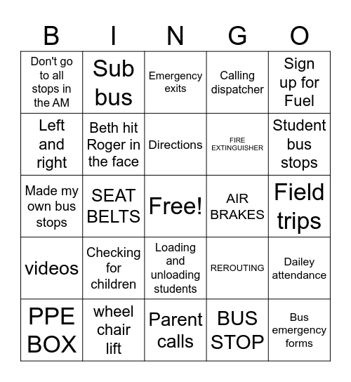 Bus Driver Bingo Card