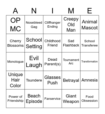 Anime Characteristics Bingo Card