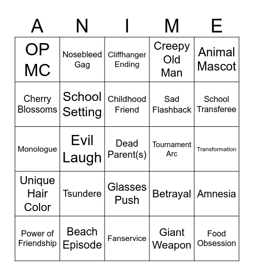Anime Characteristics Bingo Card