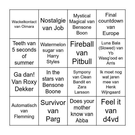 Muziekbingo afscheid groep 8 Bingo Card