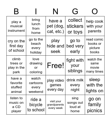 Past Habits Bingo Card