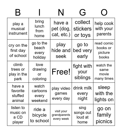 Past Habits Bingo Card