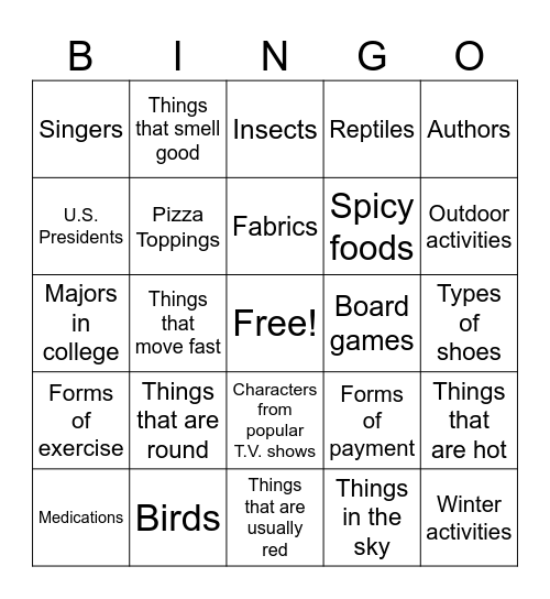 Category Bingo Card