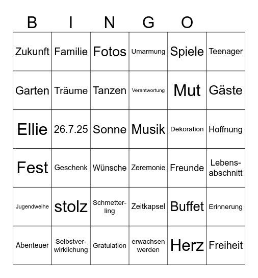 Ellies Jugendweihe Bingo Card