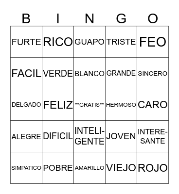 VOCABULARY IN SPANISH Bingo Card