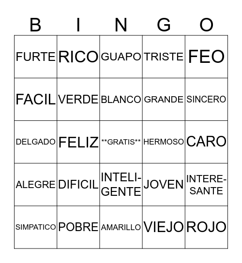 VOCABULARY IN SPANISH Bingo Card