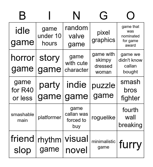 callan steam sale bingo Card