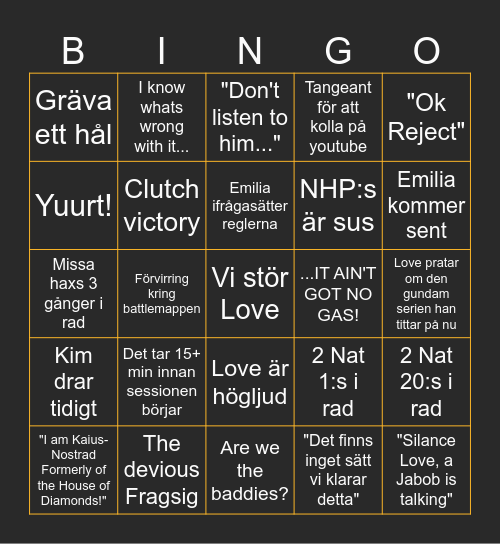Lancer Sesh Bingo Card