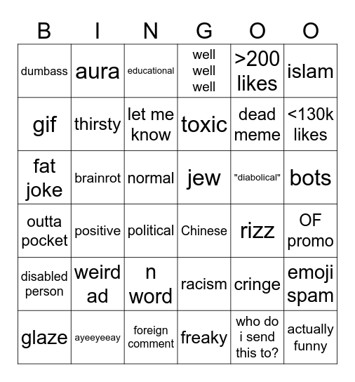 ig reel/comments Bingo Card