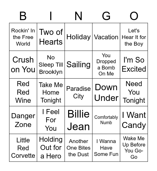 80's Music Bingo #1 Bingo Card