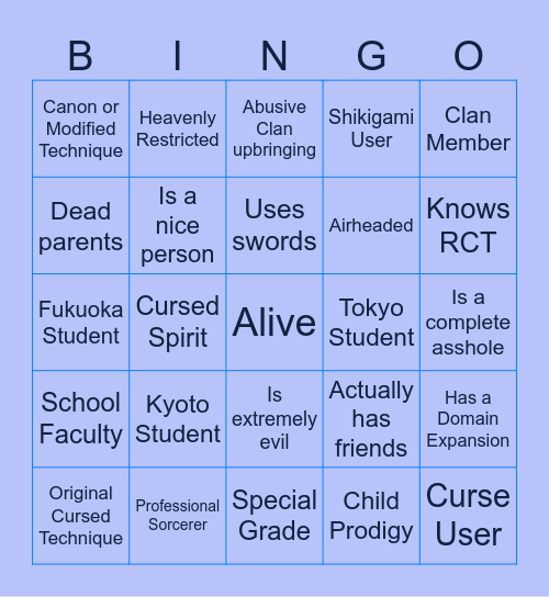 The MOI OC Bingo Card