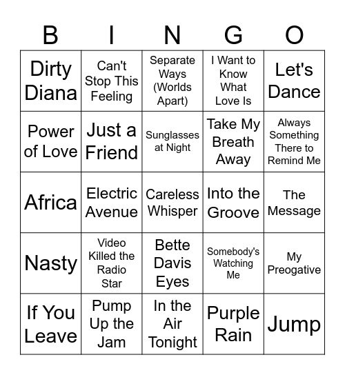 80's Music Bingo #3 Bingo Card