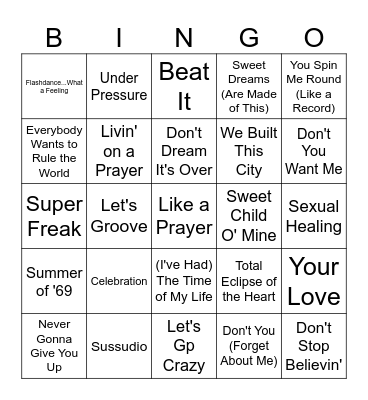 80's Music Bingo #4 Bingo Card