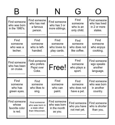 Cardinal Bingo Card