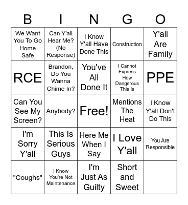 Construction Safety Meeting Bingo Card