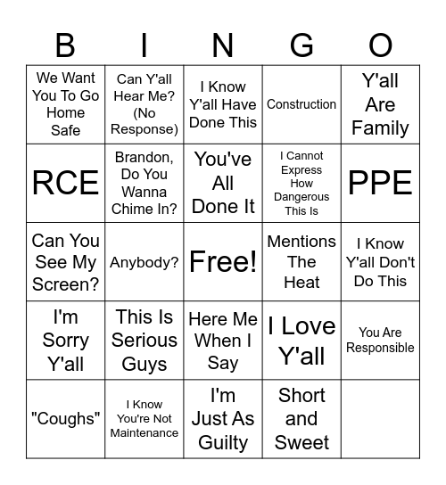 Construction Safety Meeting Bingo Card