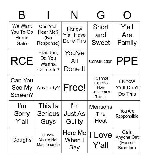 Construction Safety Meeting Bingo Card