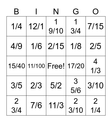 Fraction Bingo Card
