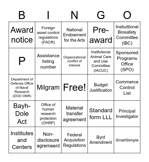 NC Research Administration Alliance Bingo! Bingo Card