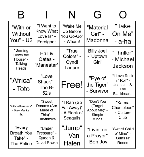 Best of 1980s Bingo Card