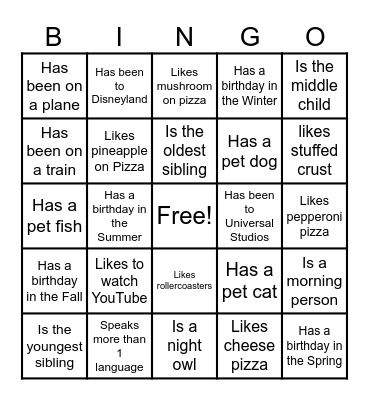 Getting To Know You Bingo Card