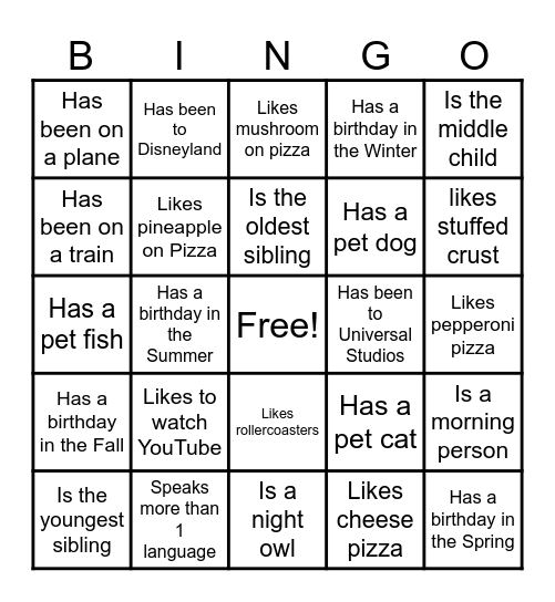 Getting To Know You Bingo Card