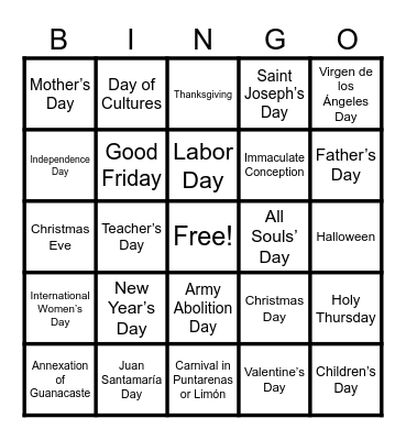HOLIDAYS IN COSTA RICA Bingo Card