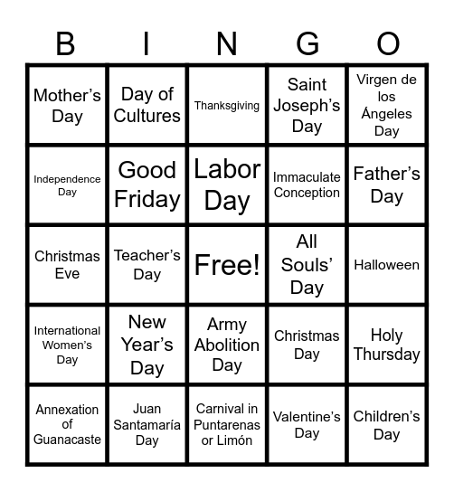 HOLIDAYS IN COSTA RICA Bingo Card